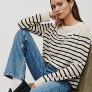 Reformation Cashmere Boyfriend Sweater Black and White Striped Size Small
